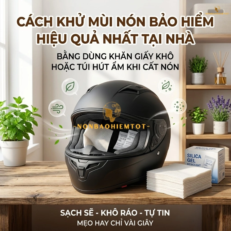 Cách khử mùi mũ bảo hiểm bằng Dùng khăn giấy khô hoặc túi hút ẩm khi cất nón