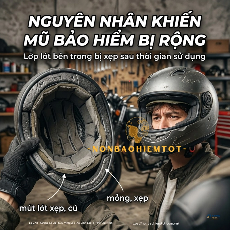 Lớp lót bên trong bị xẹp sau thời gian sử dụng khiến mũ bảo hiểm bị rộng