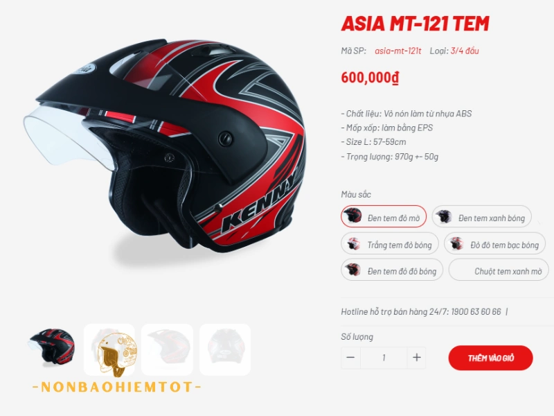 Nón bảo hiểm Asia giá bao nhiêu, nón 3/4 có kính cao nhất 600.000 đồng