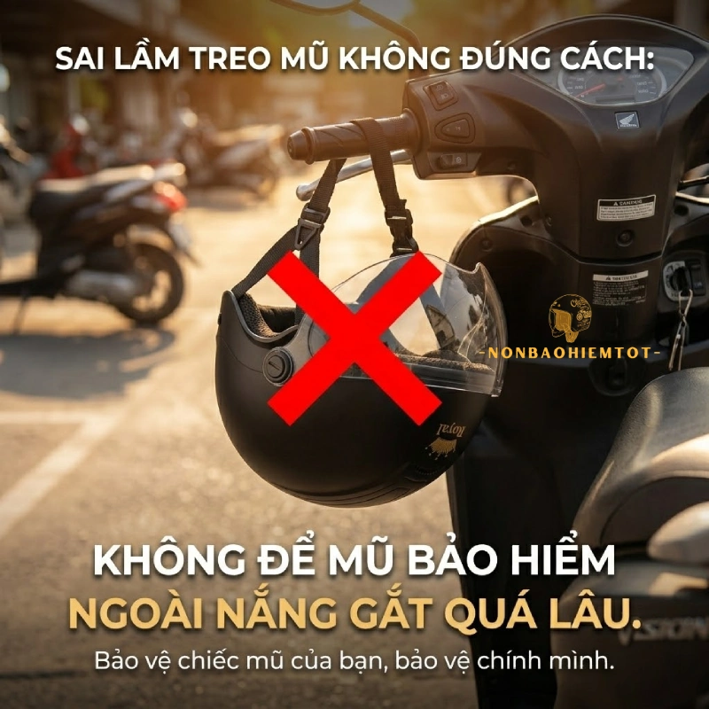 Bảo quản mũ bảo hiểm đúng cách là Không treo mũ bằng quai thường xuyên