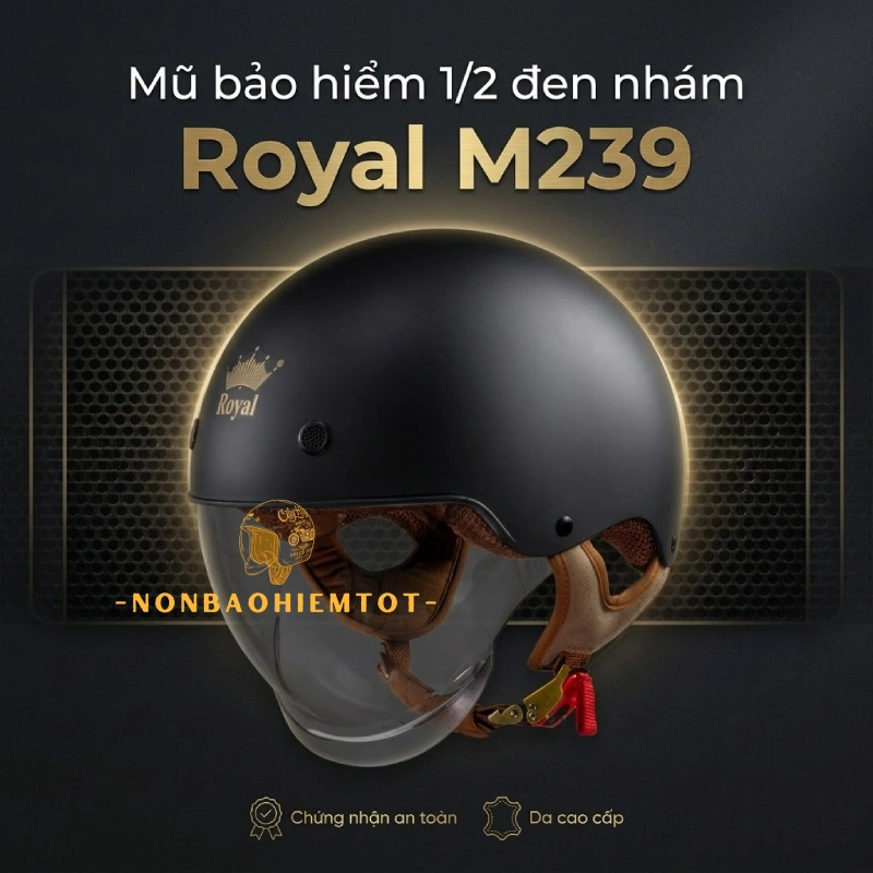 Nón bảo hiểm 1/2 kính âm đen nhám Royal M239 