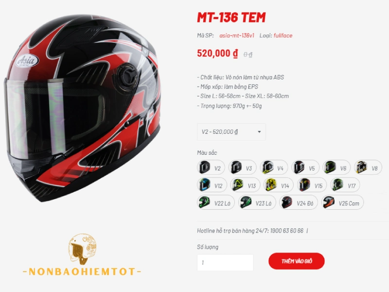 Nón bảo hiểm Asia giá bao nhiêu? mũ fullface rẻ nhất Mũ fullface: 520.000 