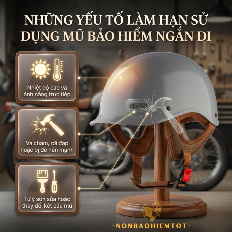 Những yếu tố làm hạn sử dụng mũ bảo hiểm ngắn đi