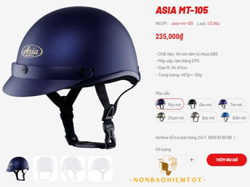 Nón bảo hiểm Asia giá bao nhiêu? Nón 1/2 không kính thấp nhất là 235.000 