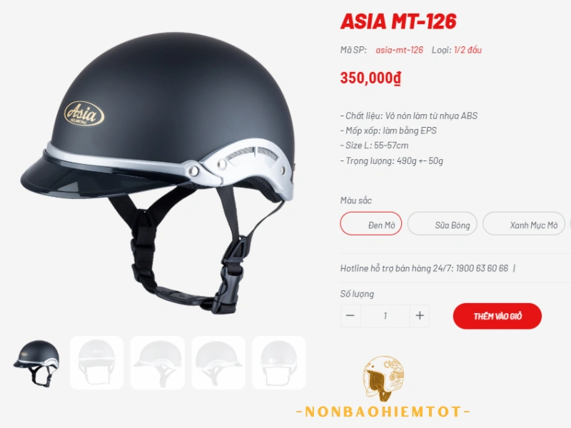 Nón bảo hiểm Asia giá bao nhiêu? Nón 1/2 không kính cao nhất là 350.000 