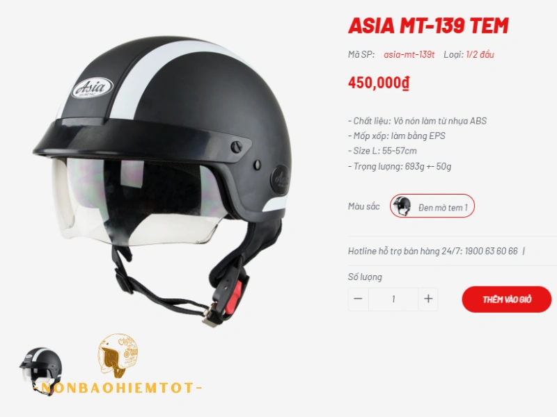 Nón bảo hiểm Asia giá bao nhiêu, dòng 1/2 có kính cao nhất 450.000 