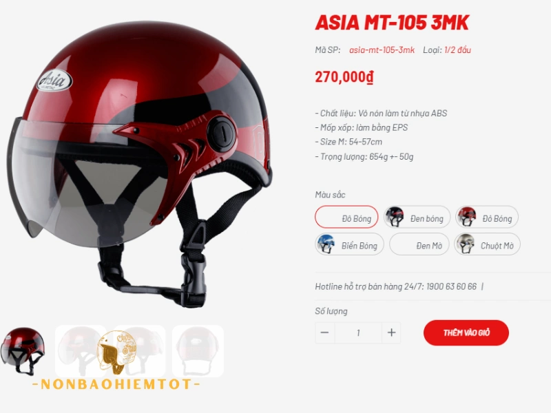 Nón bảo hiểm Asia giá bao nhiêu, dòng 1/2 có kính thấp nhất 270.000 