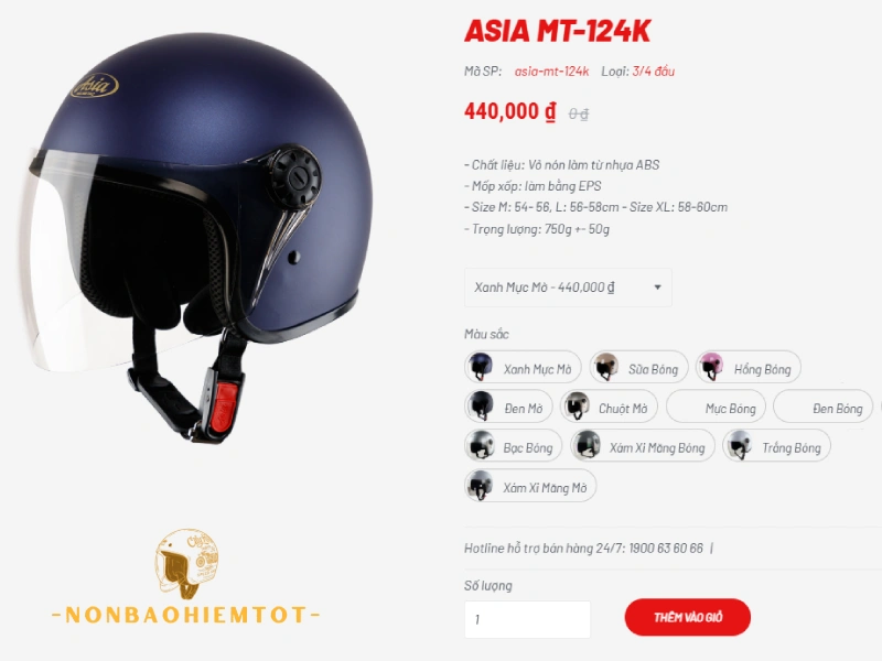 Nón bảo hiểm Asia giá bao nhiêu, nón 3/4 có kính thấp nhất 440.000 đồng