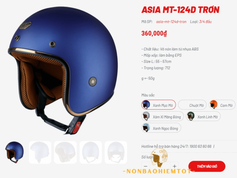 Nón bảo hiểm Asia giá bao nhiêu? dòng nón 3/4 không kính là 360.000