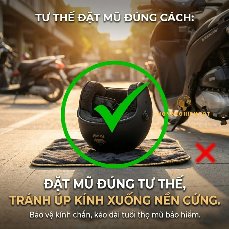 Đặt mũ đúng tư thế, tránh úp kính xuống nền cứng