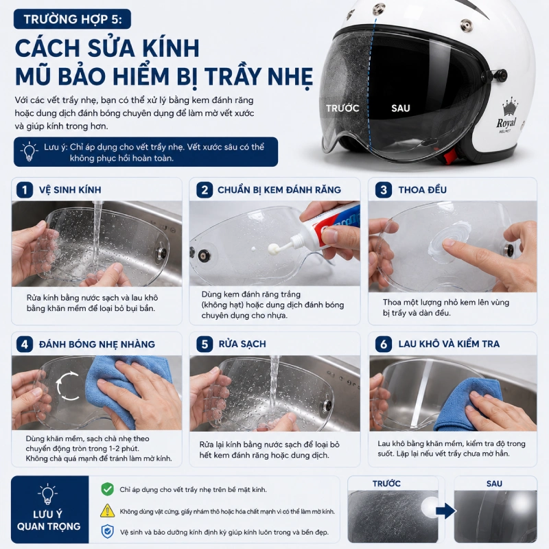 Trường hợp 5: Cách sửa kính mũ bảo hiểm bị trầy nhẹ