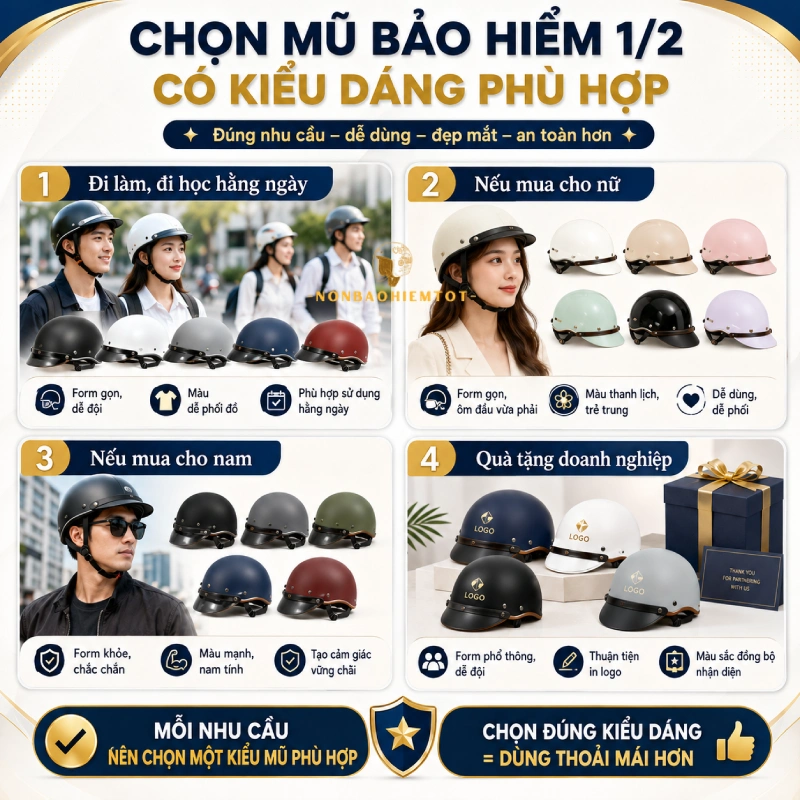 Chọn mũ bảo hiểm 1/2 có kiểu dáng phù hợp với nhu cầu sử dụng