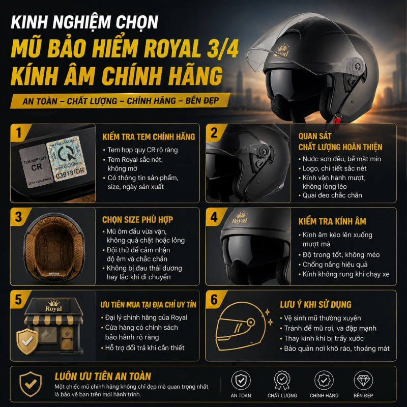 Kinh nghiệm chọn mũ bảo hiểm Royal 3/4 kính âm chính hãng