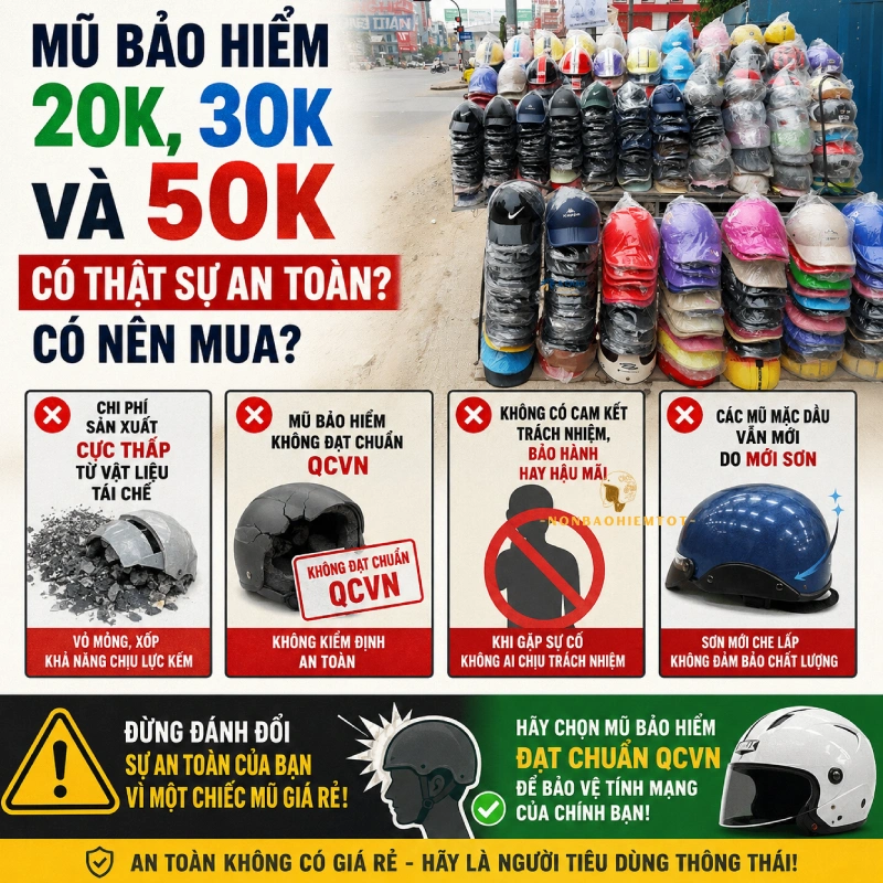 Mũ bảo hiểm 20k, 30k và 50k có thật sự an toàn không? có nên mua không