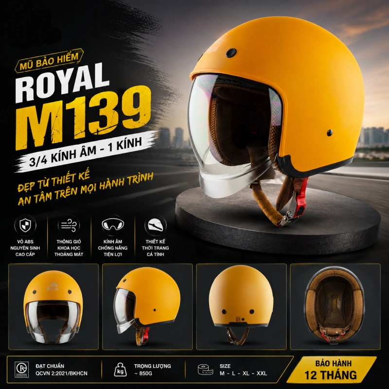 Mũ bảo hiểm Royal 3/4 kính âm Royal M139