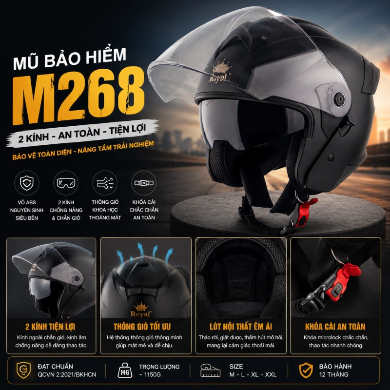 Mũ bảo hiểm Royal 3/4 kính âm Royal M268