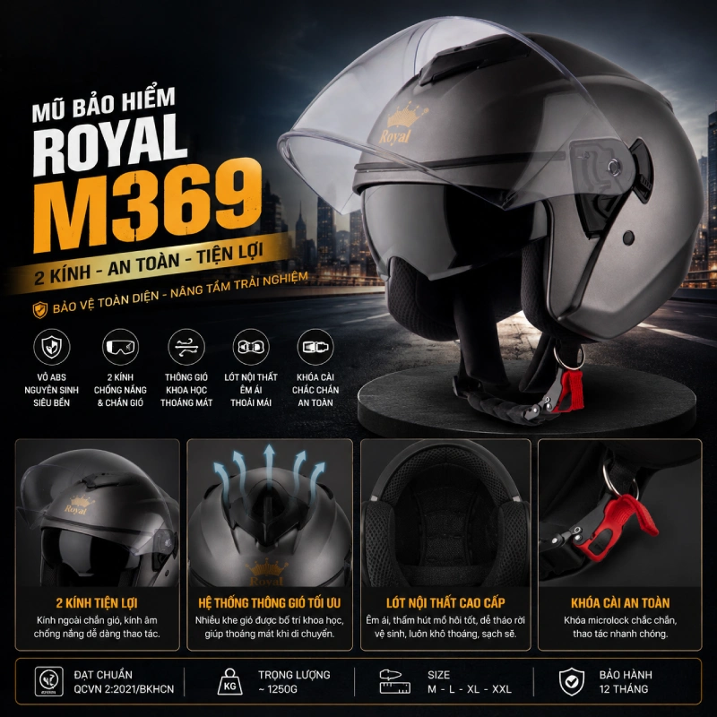 Mũ bảo hiểm Royal 3/4 kính âm Royal M369