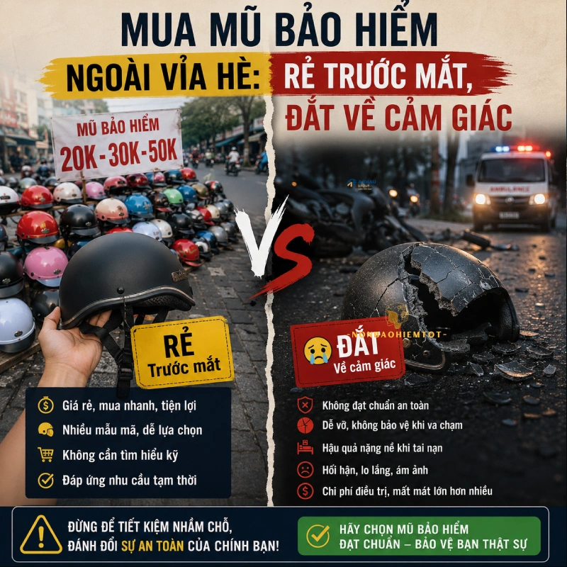 Mua mũ bảo hiểm ngoài vỉa hè: rẻ trước mắt, đắt về cảm giác
