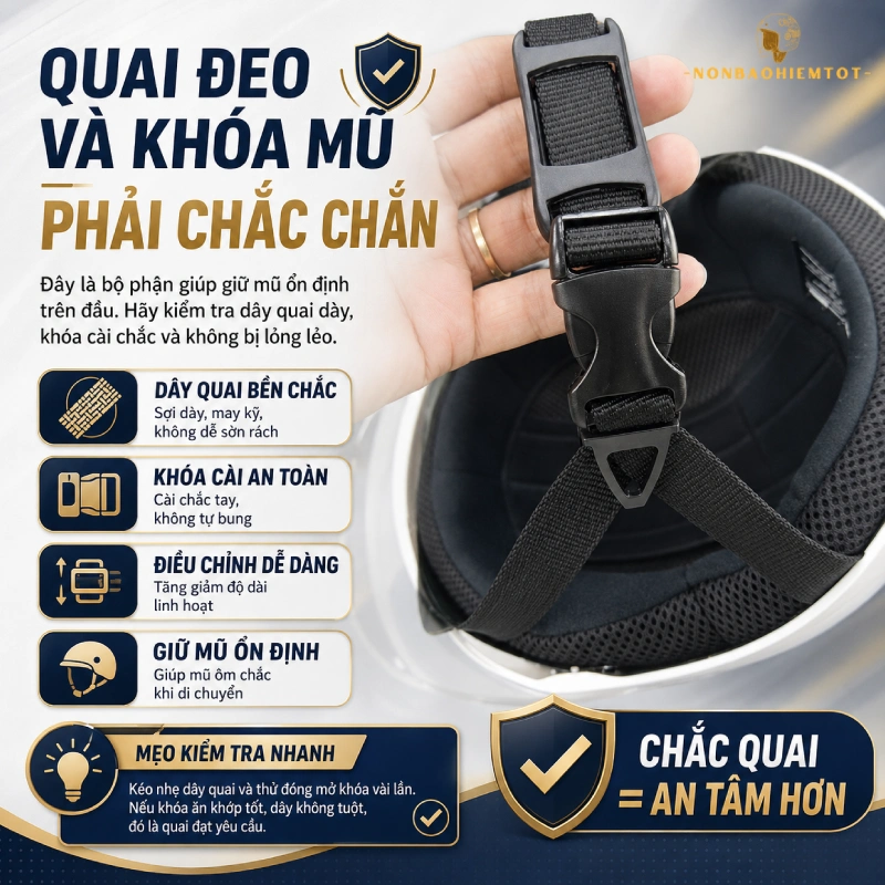 Quai đeo và khóa mũ phải chắc chắn