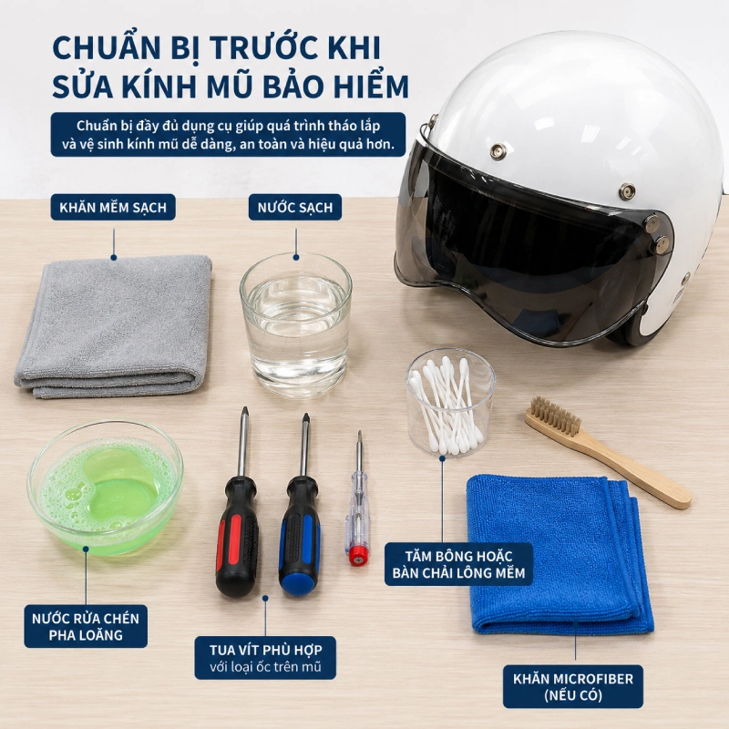 Những dụng cụ cần chuẩn bị trước khi sửa kính mũ bảo hiểm