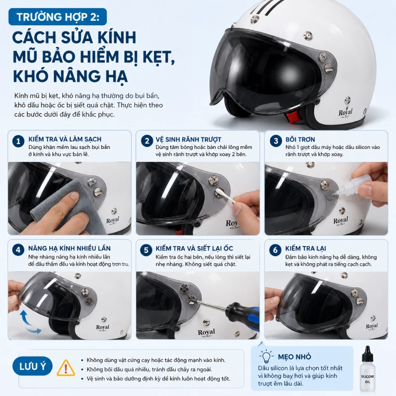 Cách sửa kính mũ bảo hiểm bị kẹt, khó nâng hạ