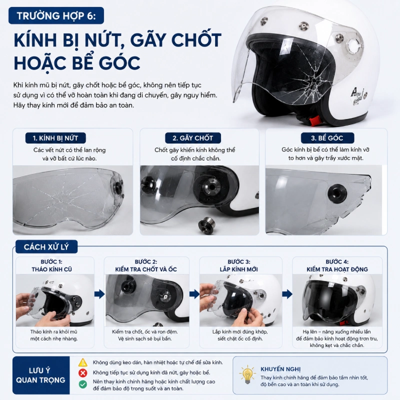 Trường hợp 6: Kính bị nứt, gãy chốt hoặc bể góc
