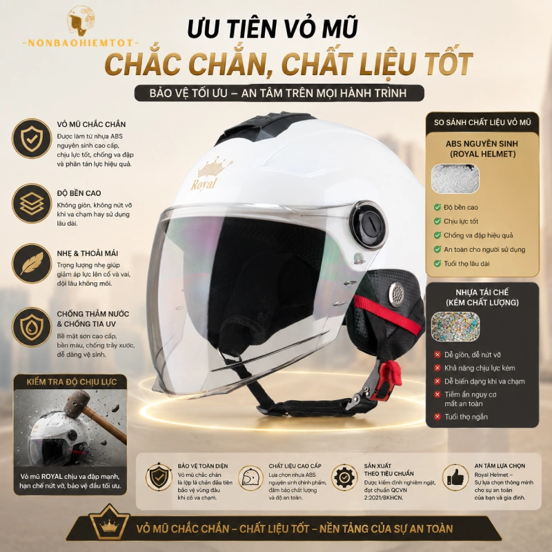Chọn mũ bảo hiểm 1/2 nên ưu tiên vỏ mũ chắc chắn, chất liệu tốt