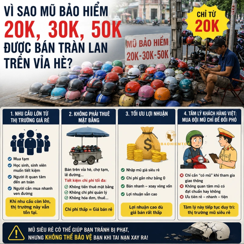 Vì sao mũ bảo hiểm 20k, 30k, 50k được bán tràn lan trên vỉa hè