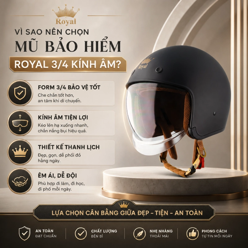 Vì sao nên chọn mũ bảo hiểm Royal 3/4 kính âm?