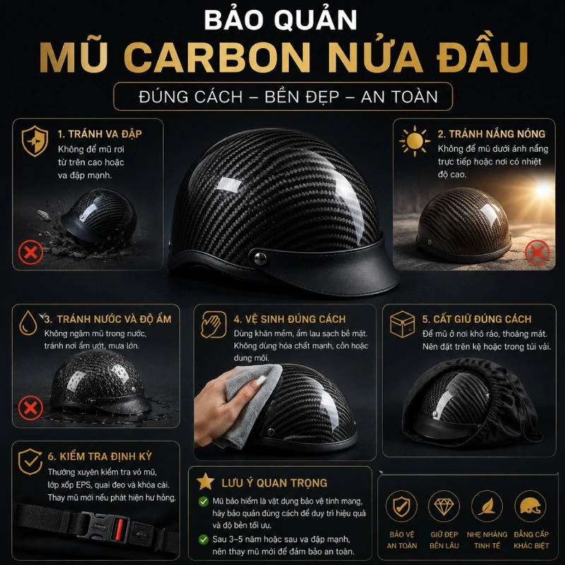 Bảo quản mũ bảo hiểm carbon nửa đầu như thế nào?