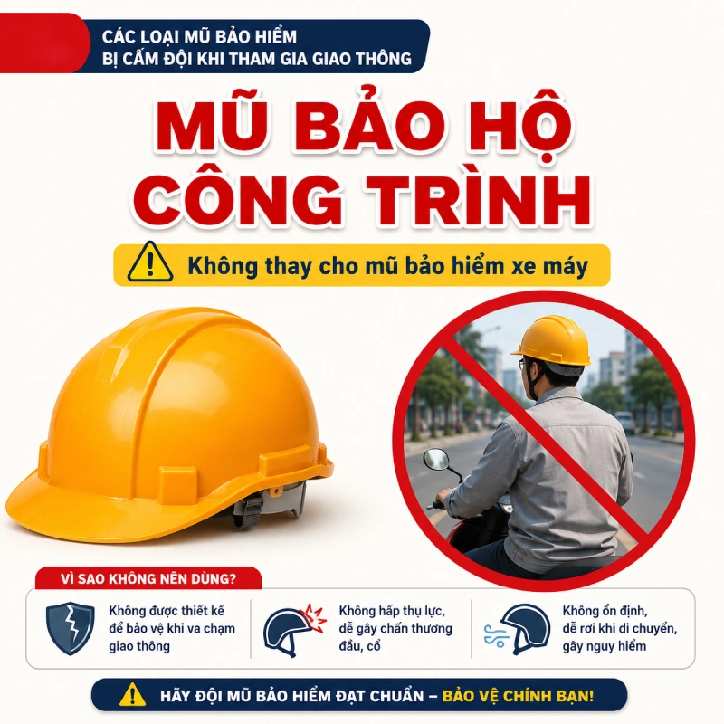 Các loại mũ bảo hiểm bị cấm đội khi tham gia giao thông gồm Mũ bảo hộ lao động, mũ công trình