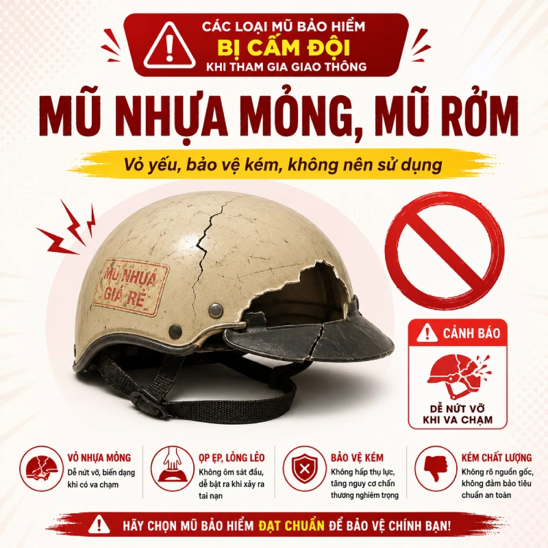 Các loại mũ bảo hiểm bị cấm đội khi tham gia giao thông gồm Mũ nhựa mỏng, mũ rởm, mũ kém chất lượng