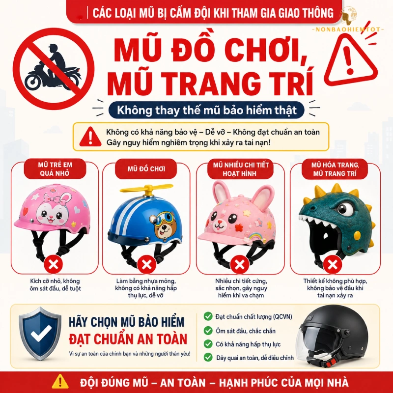 Các loại mũ bảo hiểm bị cấm đội khi tham gia giao thông gồm Mũ trẻ em, mũ đồ chơi hoặc mũ trang trí dùng sai mục đích