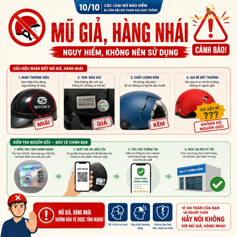 Các loại mũ bảo hiểm bị cấm đội khi tham gia giao thông Mũ giả thương hiệu, hàng nhái, hàng trôi nổi