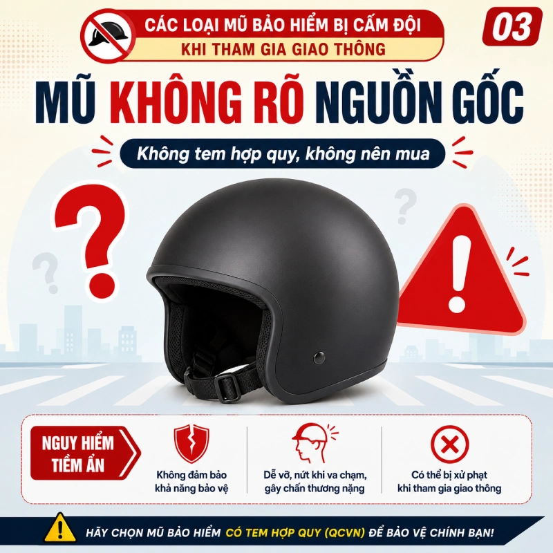 Các loại mũ bảo hiểm bị cấm đội khi tham gia giao thông gồm Mũ không có tem hợp quy, không rõ nguồn gốc