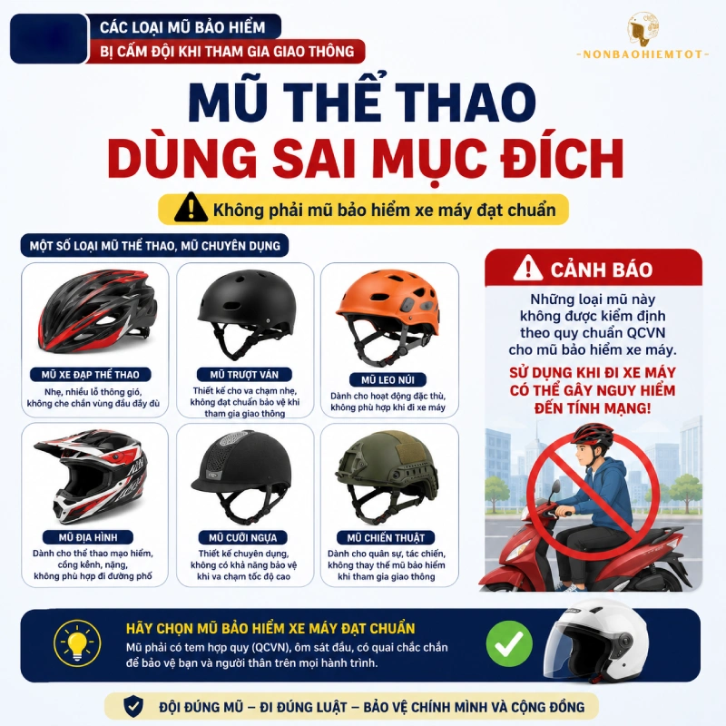 Các loại mũ bảo hiểm bị cấm đội khi tham gia giao thông gồm Mũ thể thao, mũ đua xe chuyên dụng dùng không đúng hoàn cảnh