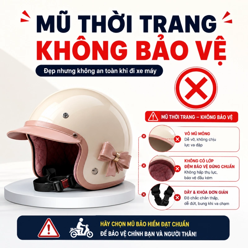 Các loại mũ bảo hiểm bị cấm đội khi tham gia giao thông gồm mũ bảo hiểm thời trang không có tính năng bảo vệ