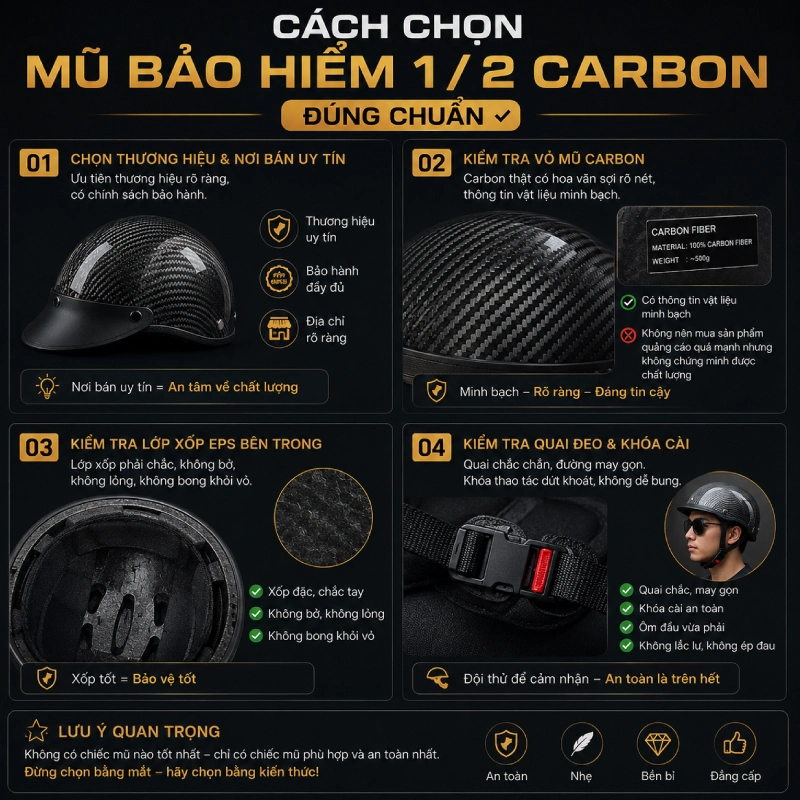 Cách chọn mũ bảo hiểm 1/2 carbon đúng chuẩn