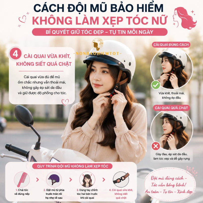 Cách đội mũ bảo hiểm không làm xẹp tóc nữ là Cài quai vừa khít, không siết quá chặt