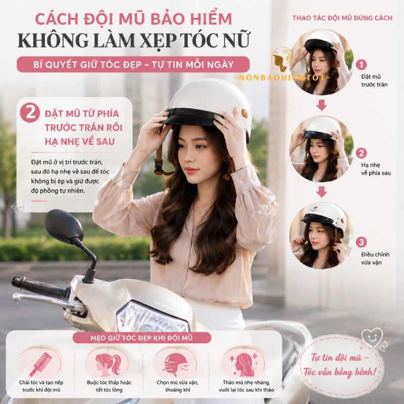 Cách đội mũ bảo hiểm không làm xẹp tóc nữ là Đặt mũ từ phía trước trán rồi hạ nhẹ về sau