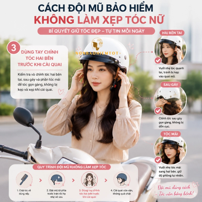 Cách đội mũ bảo hiểm không làm xẹp tóc nữ là Dùng tay chỉnh tóc hai bên trước khi cài quai
