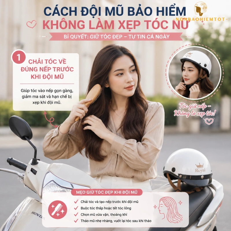 Cách đội mũ bảo hiểm không làm xẹp tóc nữ là hãy chải tóc về đúng nếp trước khi đội mũ