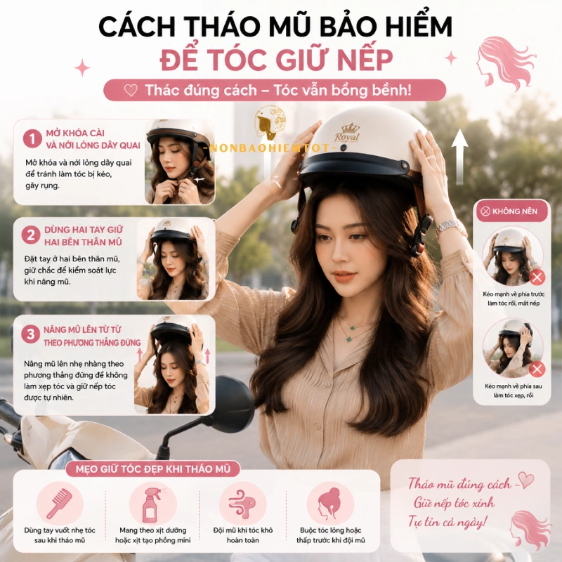 Cách tháo mũ bảo hiểm để tóc giữ nếp