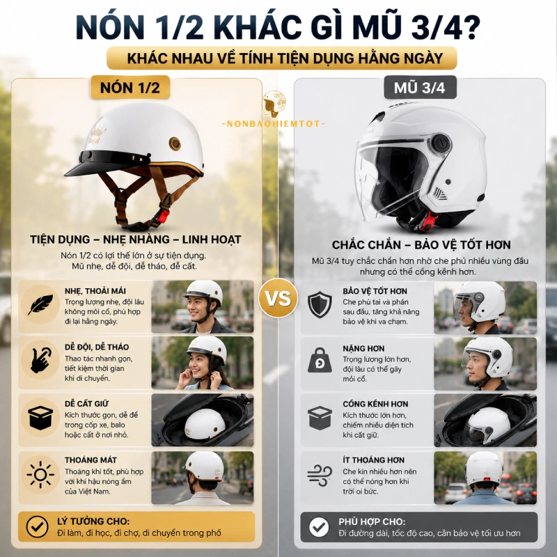 Nón 1/2 khác gì mũ 3/4? Khác nhau về tính tiện dụng hằng ngày