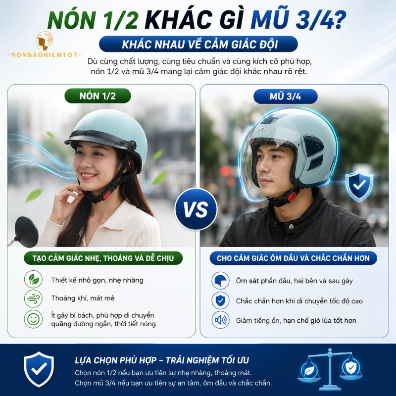 Nón 1/2 khác gì mũ 3/4? Khác nhau về cảm giác đội