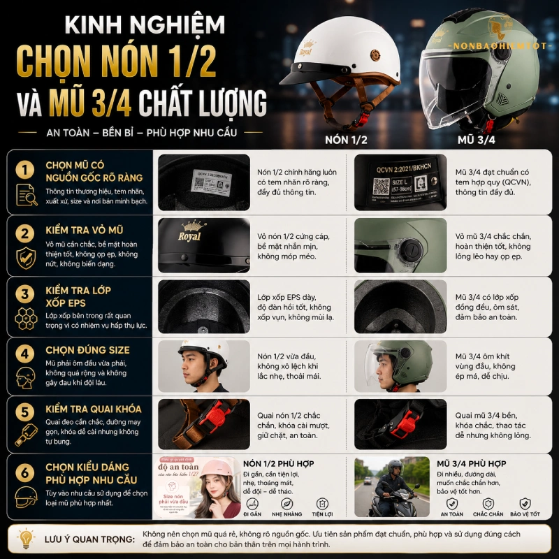 Kinh nghiệm chọn nón 1/2 và mũ 3/4 chất lượng