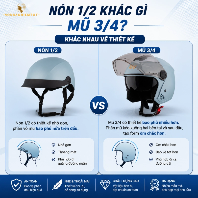 Nón 1/2 khác gì mũ 3/4? Khác về thiết kế
