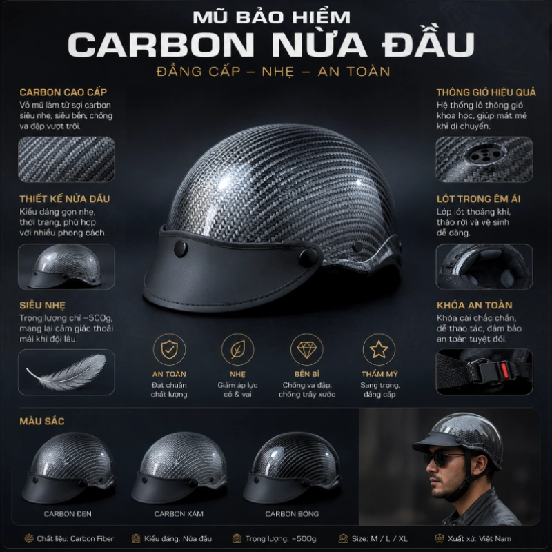 Mũ bảo hiểm carbon nửa đầu là gì?