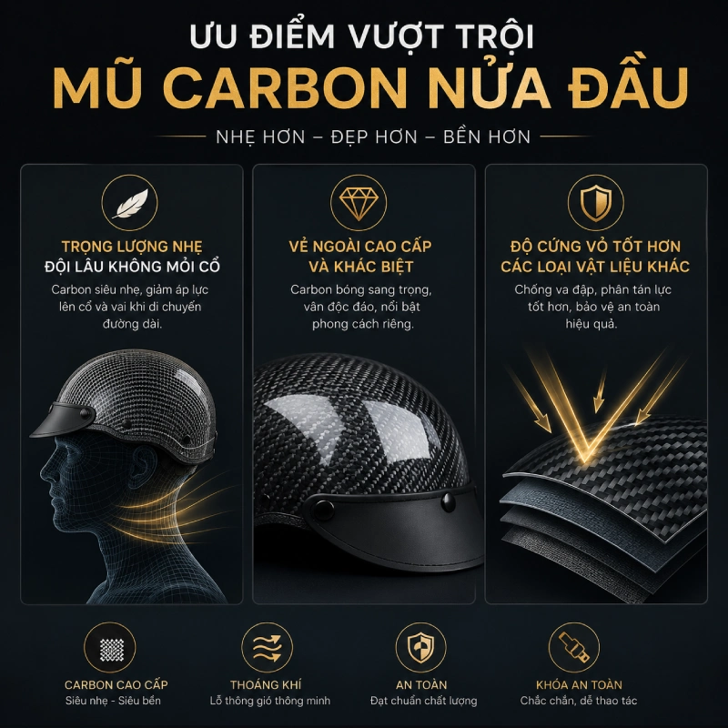 Ưu điểm của mũ bảo hiểm carbon nửa đầu