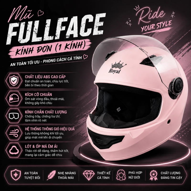 Mũ bảo hiểm fullface cho nữ 1 kính đơn